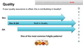 If your quality assurance is offset, this is not Building in Quality!!
Dev
QA
Dev & QA Built In Quality
Quality
Leadership – Management Style - Vision - Engagement - Quality
One of the most common frAgile patterns!
 