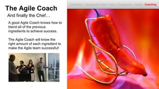 A good Agile Coach knows how to
blend all of the previous
ingredients to achieve success.
The Agile Coach will know the
right amount of each ingredient to
make the Agile team successful!
The Agile Coach
And finally the Chef…
Leadership – Management Style - Vision - Engagement - Quality - Coaching
 