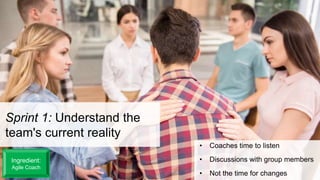 Sprint 1: Understand the
team's current reality
• Coaches time to listen
• Discussions with group members
• Not the time for changes
Ingredient:
Agile Coach
 