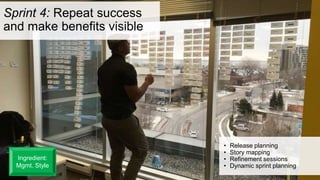 Sprint 4: Repeat success
and make benefits visible
• Release planning
• Story mapping
• Refinement sessions
• Dynamic sprint planning
Ingredient:
Mgmt. Style
 