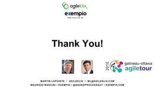 Thank You!
MARTIN LAPOINTE • AGILEKLIX • ML@AGILEKLIX.COM
MAURIZIO MANCINI • EXEMPIO • @QAANDPROCESSGUY • EXEMPIO.COM
 