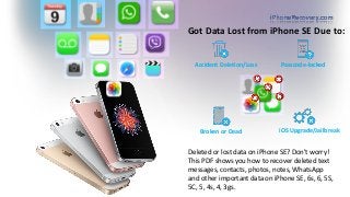 Accident Deletion/Loss
Broken or Dead
Passcode-locked
iOS Upgrade/Jailbreak
Got Data Lost from iPhone SE Due to:
Deleted or lost data on iPhone SE? Don't worry!
This PDF shows you how to recover deleted text
messages, contacts, photos, notes, WhatsApp
and other important data on iPhone SE, 6s, 6, 5S,
5C, 5, 4s, 4, 3gs.
 