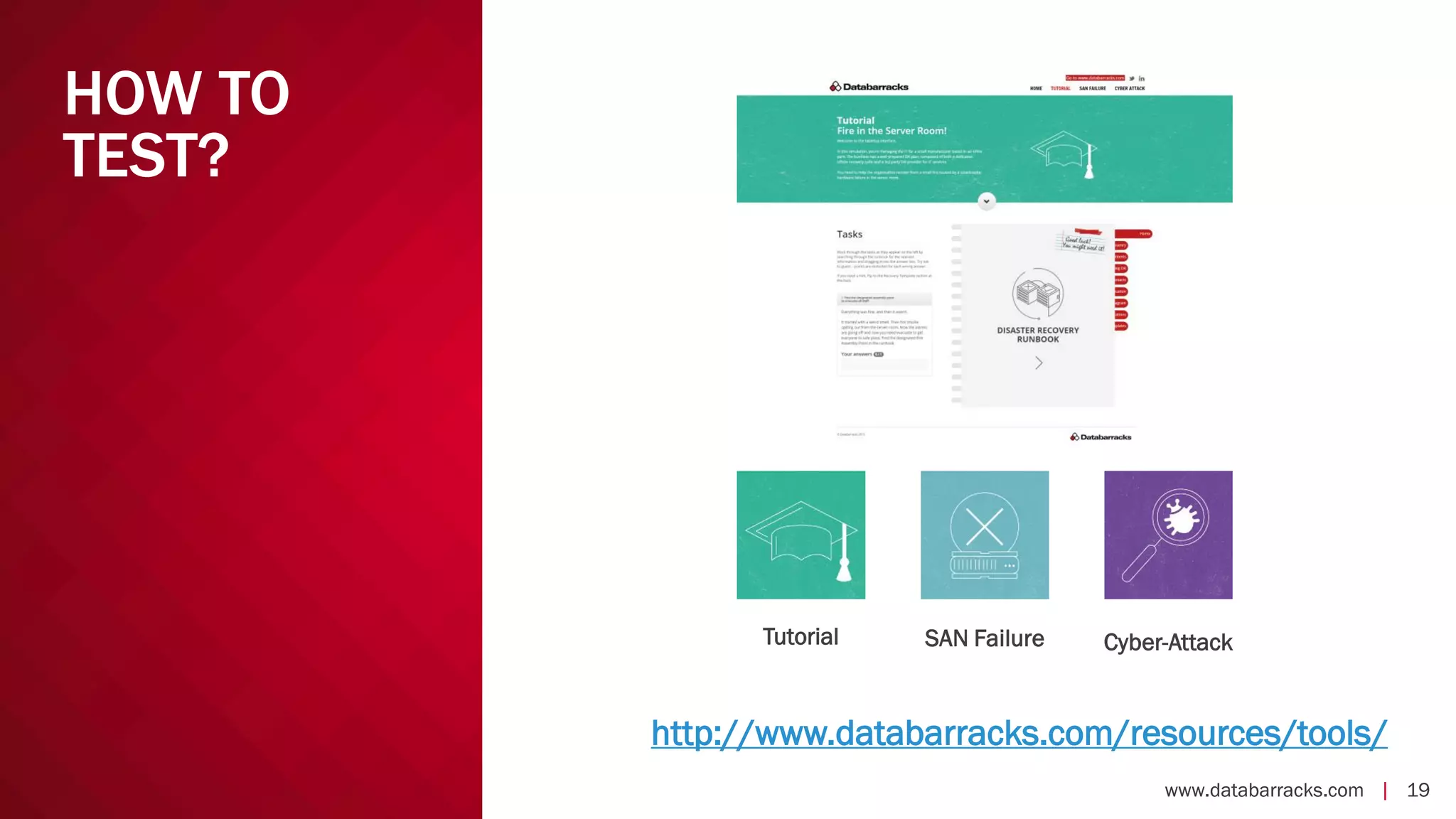 www.databarracks.com | 19www.databarracks.com | 19
HOW TO
TEST?
Tutorial SAN Failure Cyber-Attack
http://www.databarracks.com/resources/tools/
 