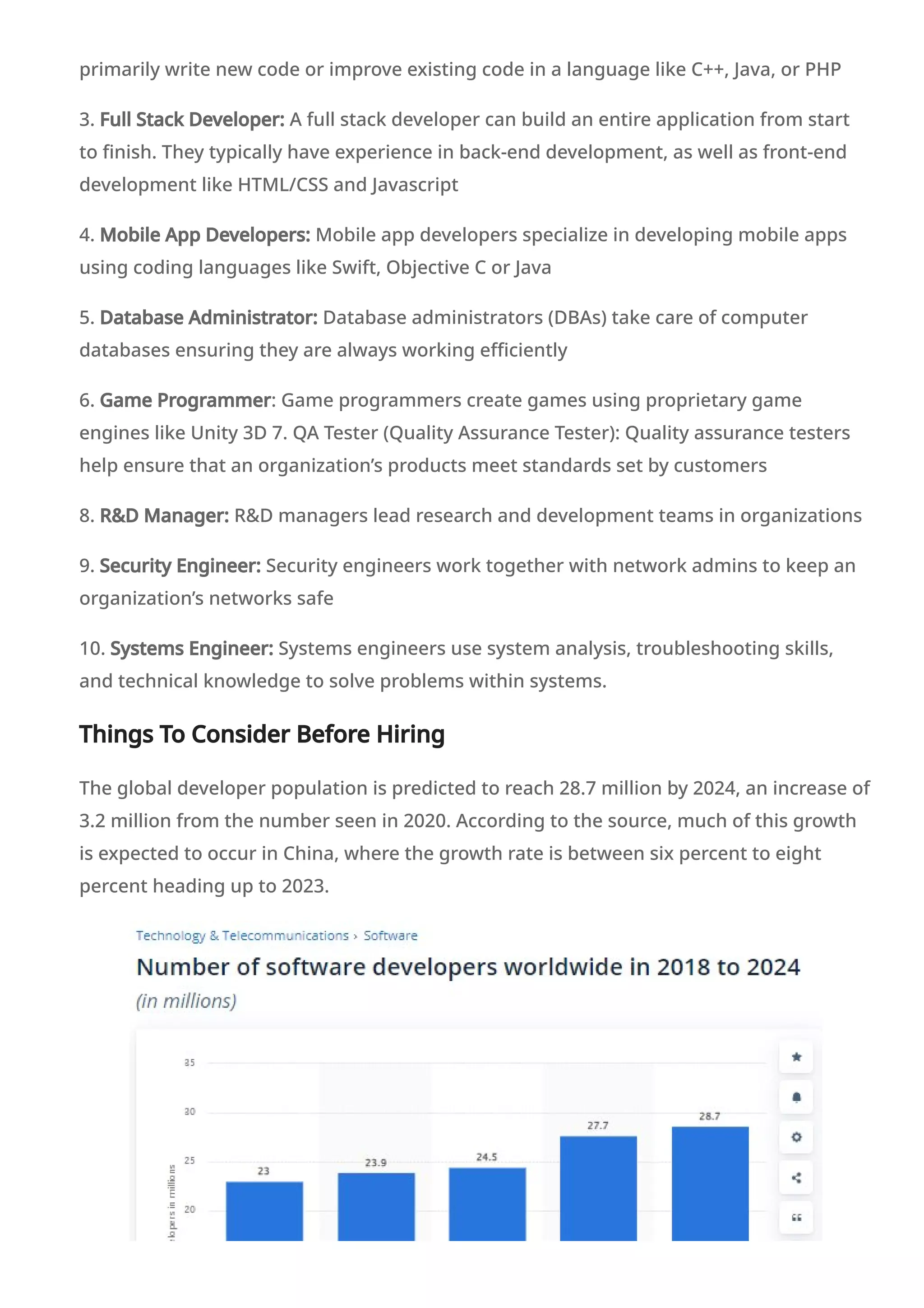 primarily write new code or improve existing code in a language like C++, Java, or PHP
3. Full Stack Developer: A full stack developer can build an entire application from start
to finish. They typically have experience in back-end development, as well as front-end
development like HTML/CSS and Javascript
4. Mobile App Developers: Mobile app developers specialize in developing mobile apps
using coding languages like Swift, Objective C or Java
5. Database Administrator: Database administrators (DBAs) take care of computer
databases ensuring they are always working efficiently
6. Game Programmer: Game programmers create games using proprietary game
engines like Unity 3D 7. QA Tester (Quality Assurance Tester): Quality assurance testers
help ensure that an organization’s products meet standards set by customers
8. R&D Manager: R&D managers lead research and development teams in organizations
9. Security Engineer: Security engineers work together with network admins to keep an
organization’s networks safe
10. Systems Engineer: Systems engineers use system analysis, troubleshooting skills,
and technical knowledge to solve problems within systems.
Things To Consider Before Hiring
The global developer population is predicted to reach 28.7 million by 2024, an increase of
3.2 million from the number seen in 2020. According to the source, much of this growth
is expected to occur in China, where the growth rate is between six percent to eight
percent heading up to 2023.
 