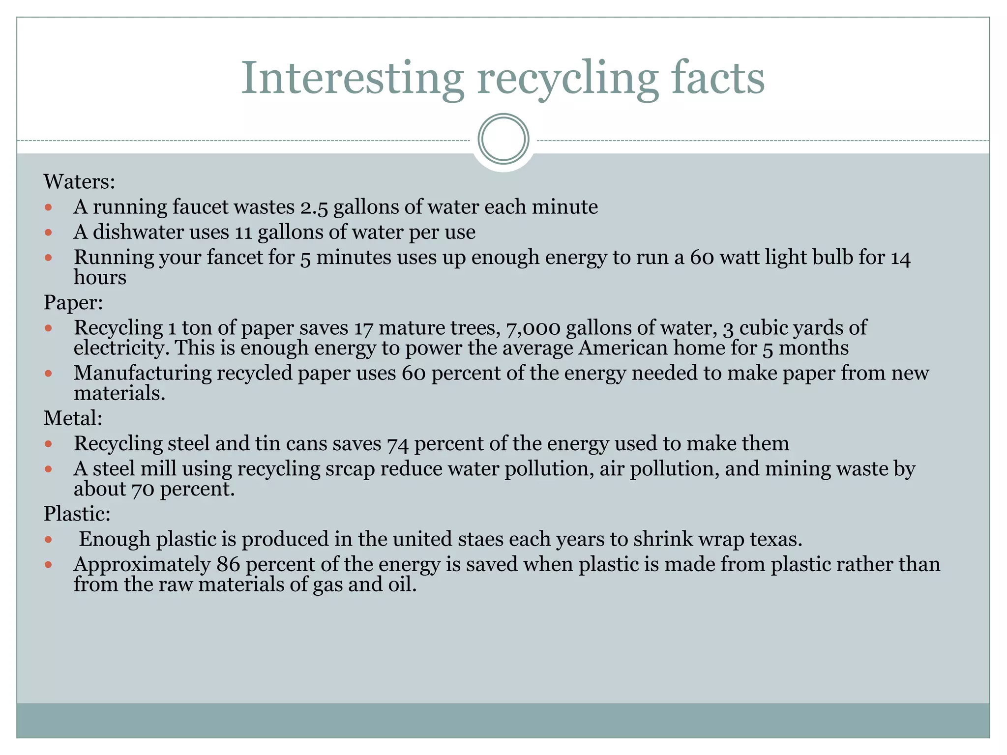 Interesting recycling facts
Waters:
 A running faucet wastes 2.5 gallons of water each minute
 A dishwater uses 11 gallons of water per use
 Running your fancet for 5 minutes uses up enough energy to run a 60 watt light bulb for 14
hours
Paper:
 Recycling 1 ton of paper saves 17 mature trees, 7,000 gallons of water, 3 cubic yards of
electricity. This is enough energy to power the average American home for 5 months
 Manufacturing recycled paper uses 60 percent of the energy needed to make paper from new
materials.
Metal:
 Recycling steel and tin cans saves 74 percent of the energy used to make them
 A steel mill using recycling srcap reduce water pollution, air pollution, and mining waste by
about 70 percent.
Plastic:
 Enough plastic is produced in the united staes each years to shrink wrap texas.
 Approximately 86 percent of the energy is saved when plastic is made from plastic rather than
from the raw materials of gas and oil.
 