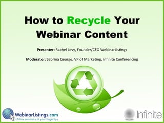 How to  Recycle  Your Webinar Content Presenter:  Rachel Levy, Founder/CEO WebinarListings Moderator:  Sabrina George, VP of Marketing, Infinite Conferencing 