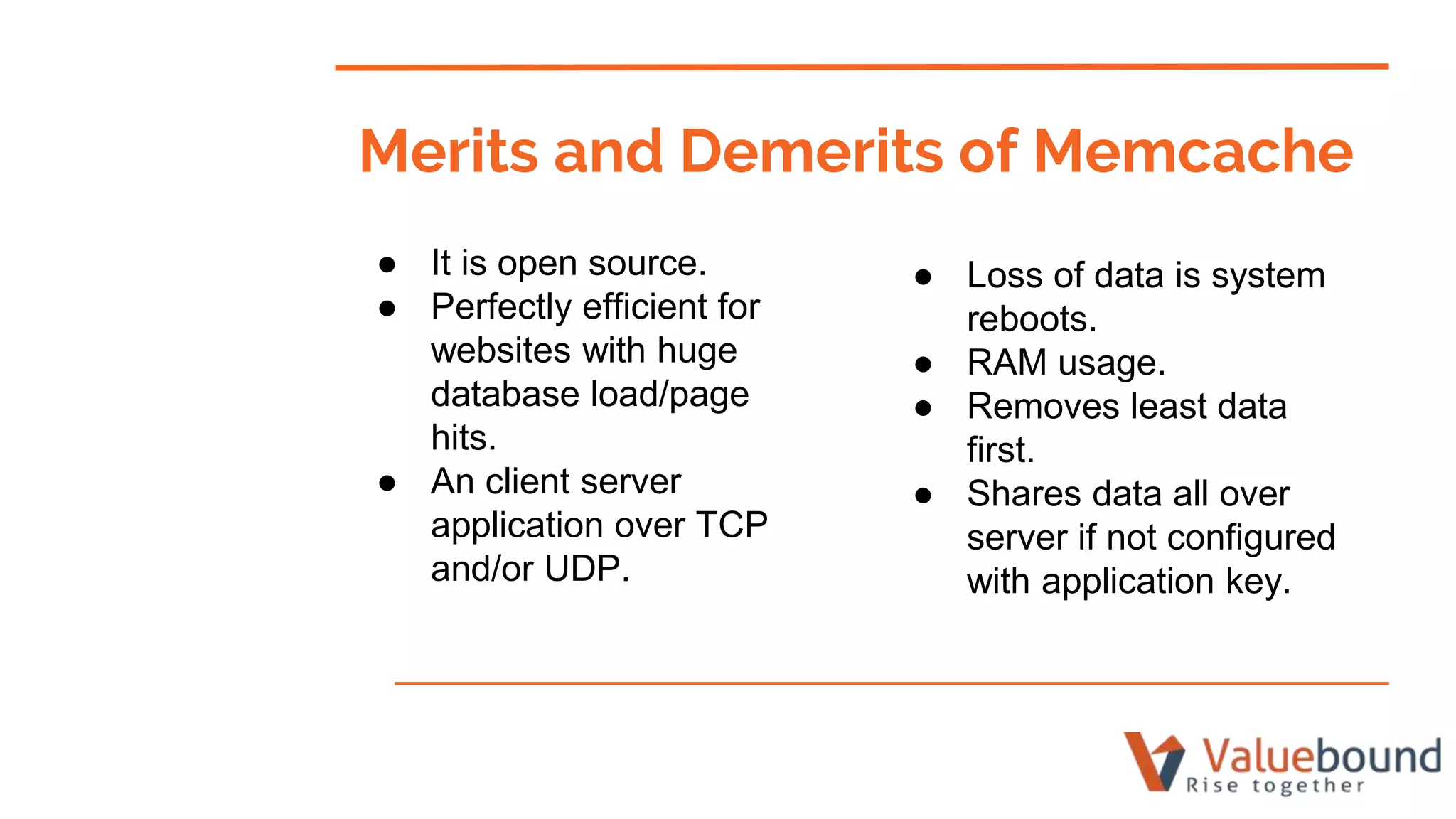 ● It is open source.
● Perfectly efficient for
websites with huge
database load/page
hits.
● An client server
application over TCP
and/or UDP.
Merits and Demerits of Memcache
● Loss of data is system
reboots.
● RAM usage.
● Removes least data
first.
● Shares data all over
server if not configured
with application key.
 
