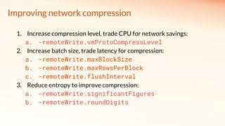 Improving network compression
1. Increase compression level, trade CPU for network savings:
a. -remoteWrite.vmProtoCompressLevel
2. Increase batch size, trade latency for compression:
a. -remoteWrite.maxBlockSize
b. -remoteWrite.maxRowsPerBlock
c. -remoteWrite.flushInterval
3. Reduce entropy to improve compression:
a. -remoteWrite.significantFigures
b. -remoteWrite.roundDigits
 