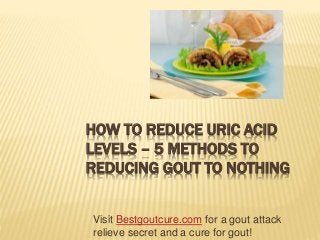 HOW TO REDUCE URIC ACID
LEVELS – 5 METHODS TO
REDUCING GOUT TO NOTHING
Visit Bestgoutcure.com for a gout attack
relieve secret and a cure for gout!
 