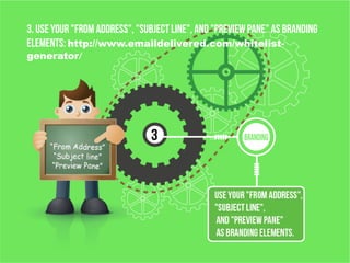 3. Use your "From Address","SubjectLine", and "Preview Pane" as branding
elements: http://www.emaildelivered.com/whitelist-
generator/
 