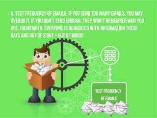 6. Test Frequency of Emails. If you send too many emails, you may
overdo it. If you don't send enough, they won't rememberwho you
are. (Remember,everyone is inundated with information these
days and out of sight = out of mind!)
 