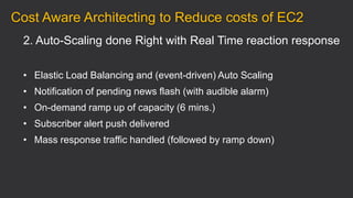 2. Auto-Scaling done Right with Real Time reaction response
• Elastic Load Balancing and (event-driven) Auto Scaling
• Notification of pending news flash (with audible alarm)
• On-demand ramp up of capacity (6 mins.)
• Subscriber alert push delivered
• Mass response traffic handled (followed by ramp down)
Cost Aware Architecting to Reduce costs of EC2
 