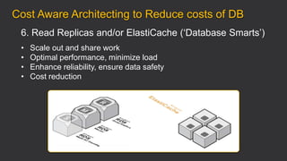 6. Read Replicas and/or ElastiCache („Database Smarts‟)
• Scale out and share work
• Optimal performance, minimize load
• Enhance reliability, ensure data safety
• Cost reduction
Cost Aware Architecting to Reduce costs of DB
 