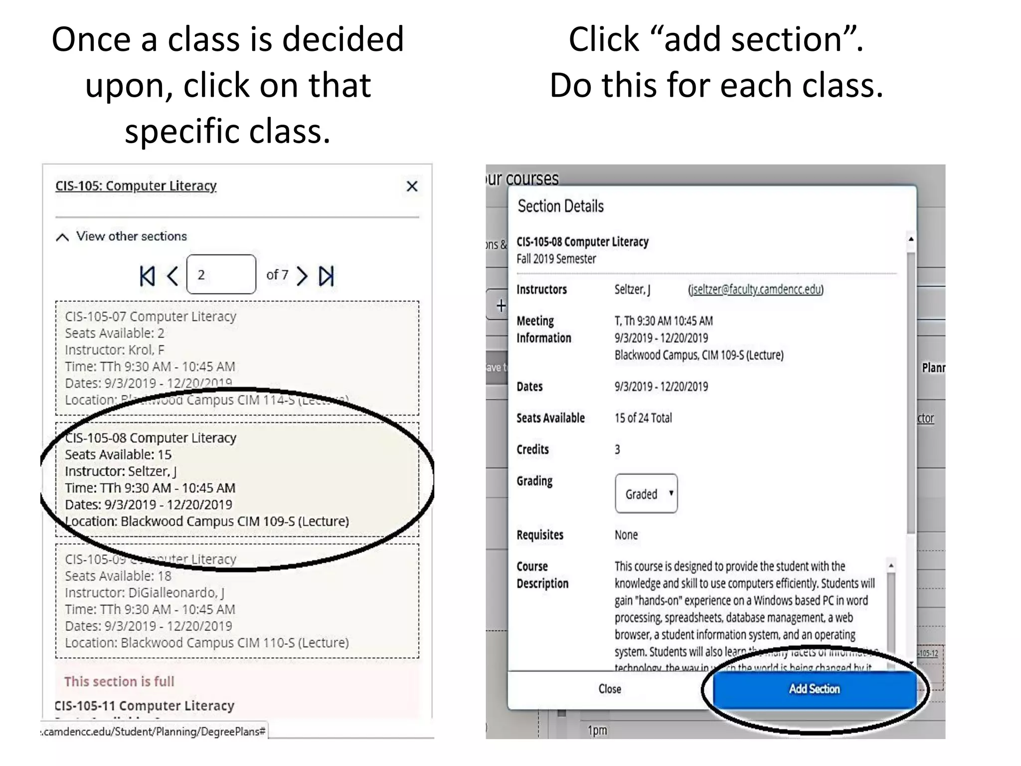 Once a class is decided
upon, click on that
specific class.
Click “add section”.
Do this for each class.
 