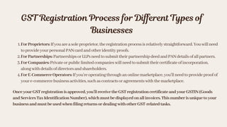 GST Registration Process for Different Types of
Businesses
ForProprietors:Ifyouareasoleproprietor,theregistrationprocessisrelativelystraightforward.Youwillneed
toprovideyourpersonalPANcardandotheridentityproofs.
1.
ForPartnerships:PartnershipsorLLPsneedtosubmittheirpartnershipdeedandPANdetailsofallpartners.
2.
ForCompanies:Privateorpubliclimitedcompanieswillneedtosubmittheircertificateofincorporation,
alongwithdetailsofdirectorsandshareholders.
3.
ForE-CommerceOperators:Ifyou’reoperatingthroughanonlinemarketplace,you’llneedtoprovideproofof
youre-commercebusinessactivities,suchascontractsoragreementswiththemarketplace.
4.
OnceyourGSTregistrationisapproved,you’llreceivetheGSTregistrationcertificateandyourGSTIN(Goods
andServicesTaxIdentificationNumber),whichmustbedisplayedonallinvoices.Thisnumberisuniquetoyour
businessandmustbeusedwhenfilingreturnsordealingwithotherGST-relatedtasks.
 