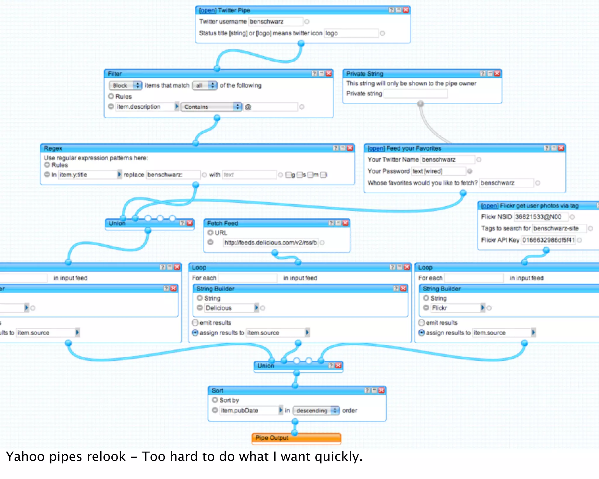 Yahoo pipes relook - Too hard to do what I want quickly.
 