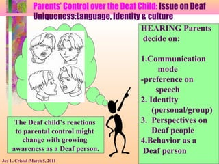 Parents’ Control over the Deaf Child: Issue on Deaf
Uniqueness:Language, identity & culture
Joy L. Cristal /March 5, 2011
HEARING Parents
decide on:
1.Communication
mode
-preference on
speech
2. Identity
(personal/group)
3. Perspectives on
Deaf people
4.Behavior as a
Deaf person
The Deaf child’s reactions
to parental control might
change with growing
awareness as a Deaf person.
 