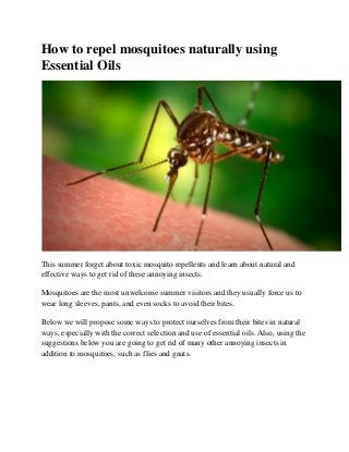 How to repel mosquitoes naturally using
Essential Oils
This summer forget about toxic mosquito repellents and learn about natural and
effective ways to get rid of these annoying insects.
Mosquitoes are the most unwelcome summer visitors and they usually force us to
wear long sleeves, pants, and even socks to avoid their bites.
Below we will propose some ways to protect ourselves from their bites in natural
ways, especially with the correct selection and use of essential oils. Also, using the
suggestions below you are going to get rid of many other annoying insects in
addition to mosquitoes, such as flies and gnats.
 