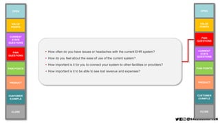 VALUE
POINTS
PAIN POINTS
CURRENT
STATE
QUESTIONS
PAIN
QUESTIONS
CUSTOMER
EXAMPLE
PRODUCT
OPEN
CLOSE
• How often do you hav...