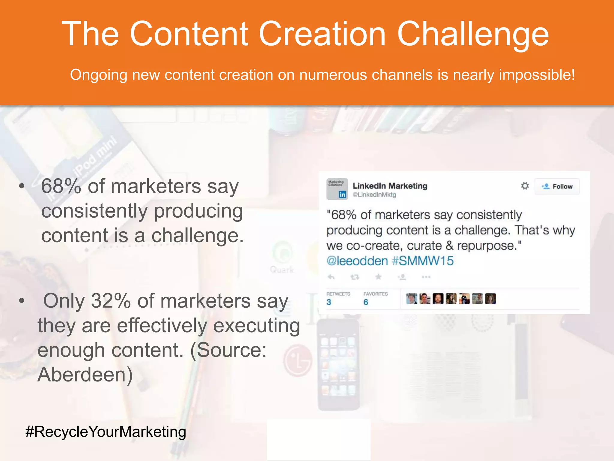 The Content Creation Challenge
Ongoing new content creation on numerous channels is nearly impossible!
• 68% of marketers say
consistently producing
content is a challenge.
• Only 32% of marketers say
they are effectively executing
enough content. (Source:
Aberdeen)
#RecycleYourMarketing
 