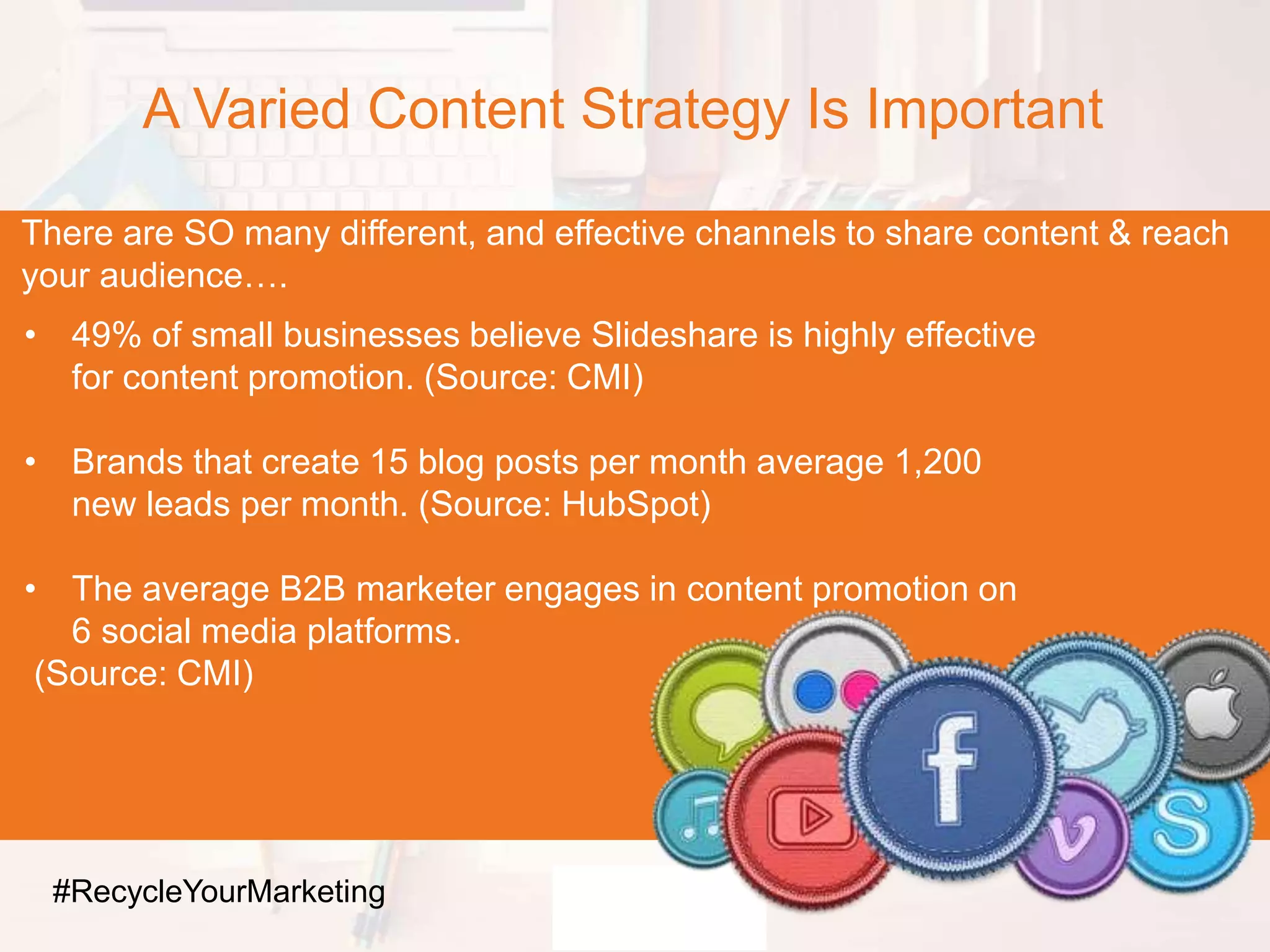 There are SO many different, and effective channels to share content & reach
your audience….
A Varied Content Strategy Is Important
• 49% of small businesses believe Slideshare is highly effective
for content promotion. (Source: CMI)
• Brands that create 15 blog posts per month average 1,200
new leads per month. (Source: HubSpot)
• The average B2B marketer engages in content promotion on
6 social media platforms.
(Source: CMI)
#RecycleYourMarketing
 
