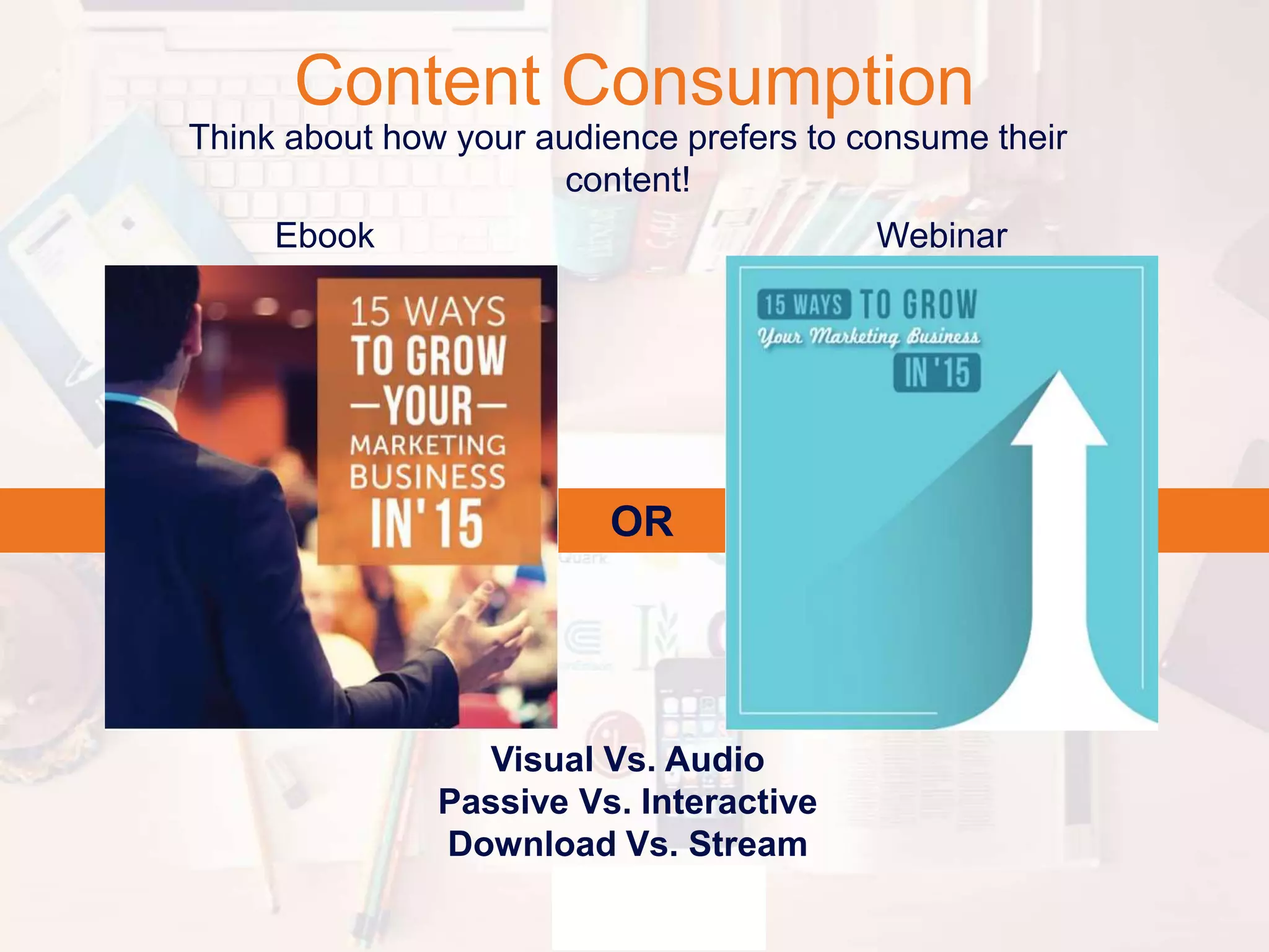 Content Consumption
Think about how your audience prefers to consume their
content!
Ebook Webinar
OR
Visual Vs. Audio
Passive Vs. Interactive
Download Vs. Stream
 