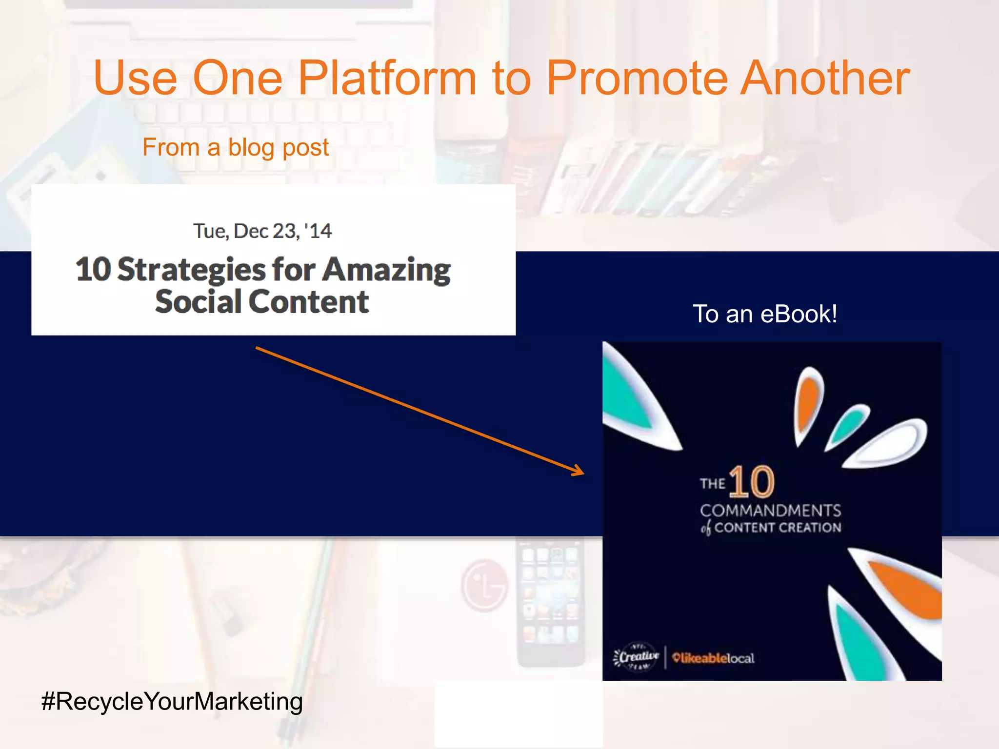 Use One Platform to Promote Another
From a blog post
To an eBook!
#RecycleYourMarketing
 