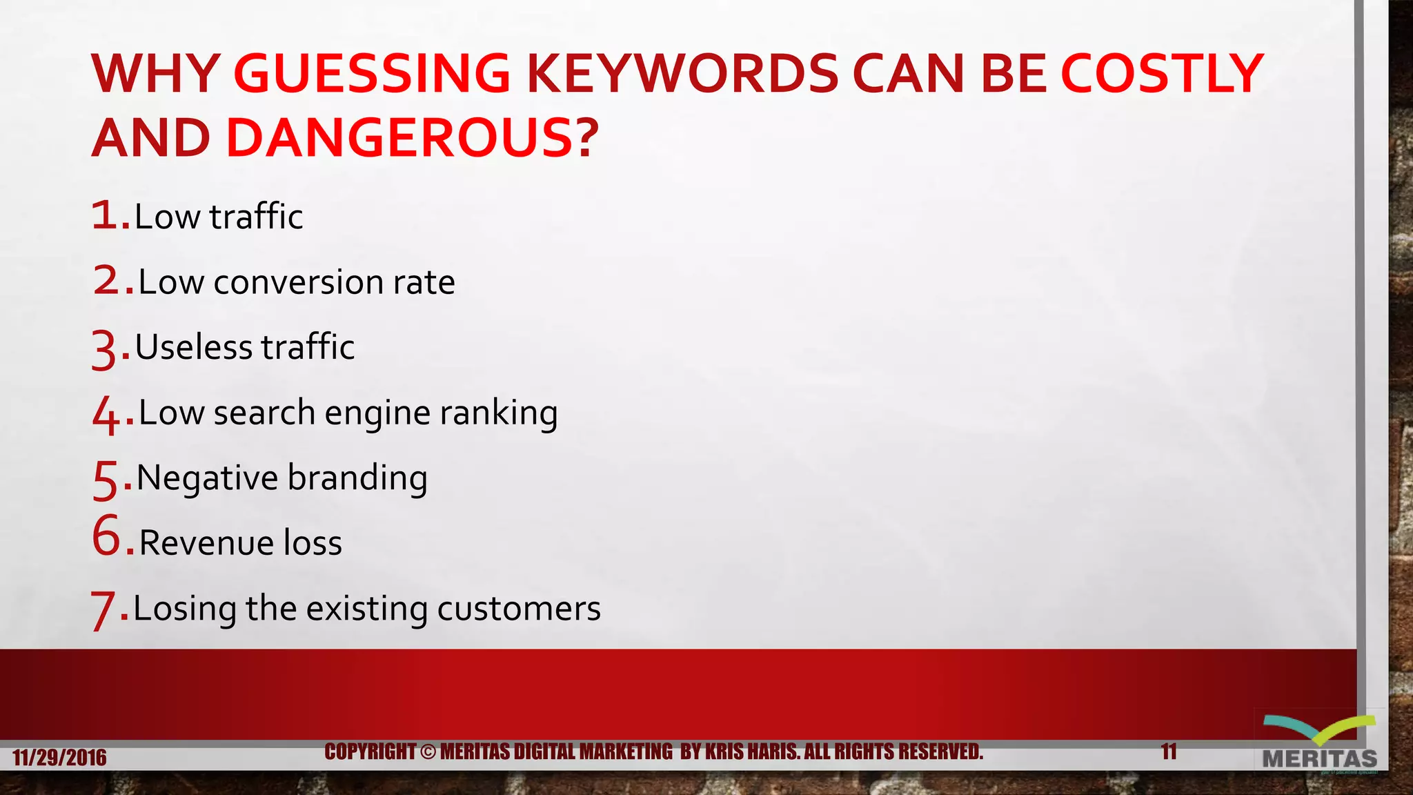 WHY GUESSING KEYWORDS CAN BE COSTLY
AND DANGEROUS?
1.Low traffic
2.Low conversion rate
3.Useless traffic
4.Low search engine ranking
5.Negative branding
6.Revenue loss
7.Losing the existing customers
11/29/2016 11COPYRIGHT © MERITAS DIGITAL MARKETING BY KRIS HARIS. ALL RIGHTS RESERVED.
 