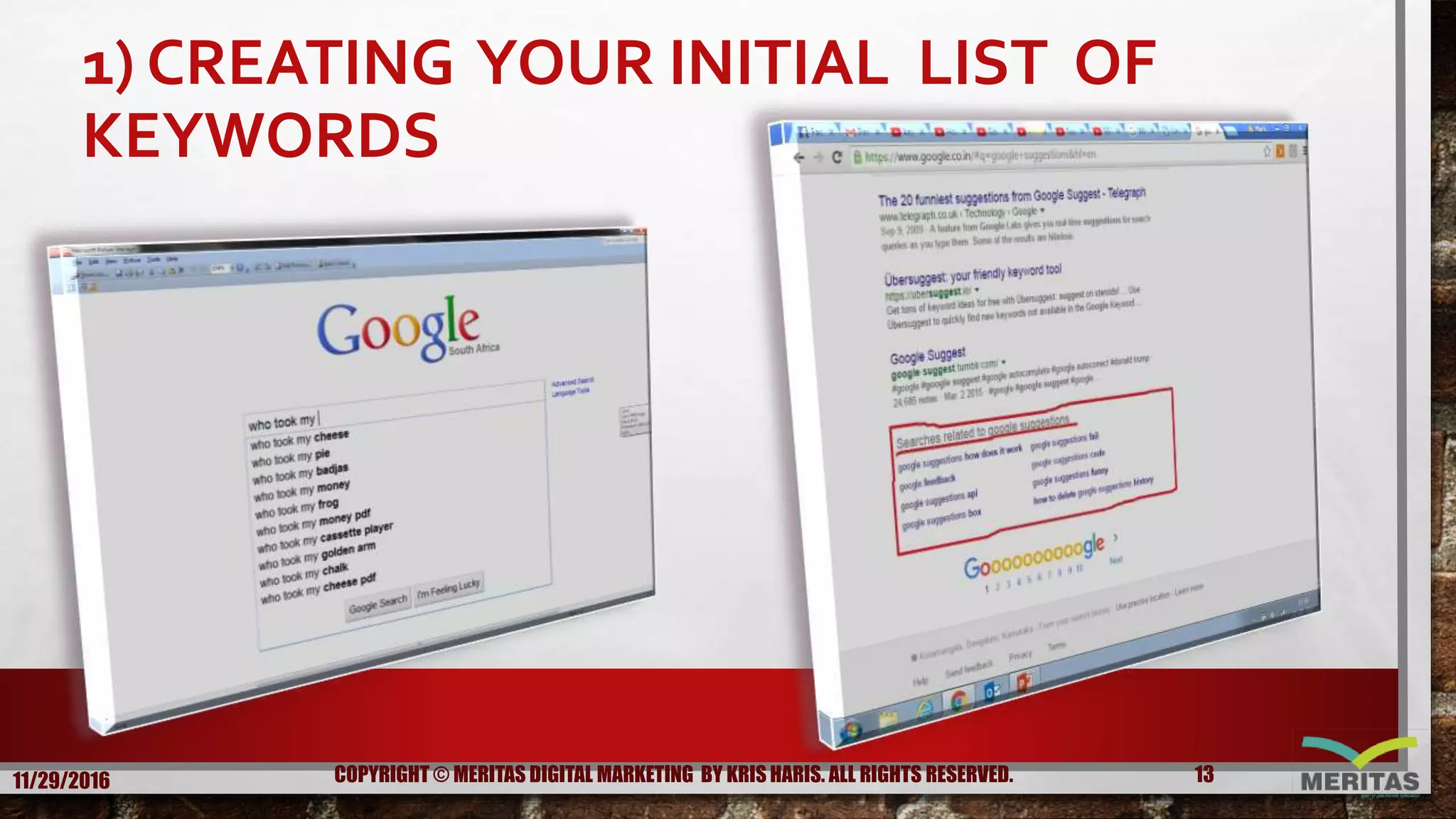 1) CREATING YOUR INITIAL LIST OF
KEYWORDS
11/29/2016 13COPYRIGHT © MERITAS DIGITAL MARKETING BY KRIS HARIS. ALL RIGHTS RESERVED.
 