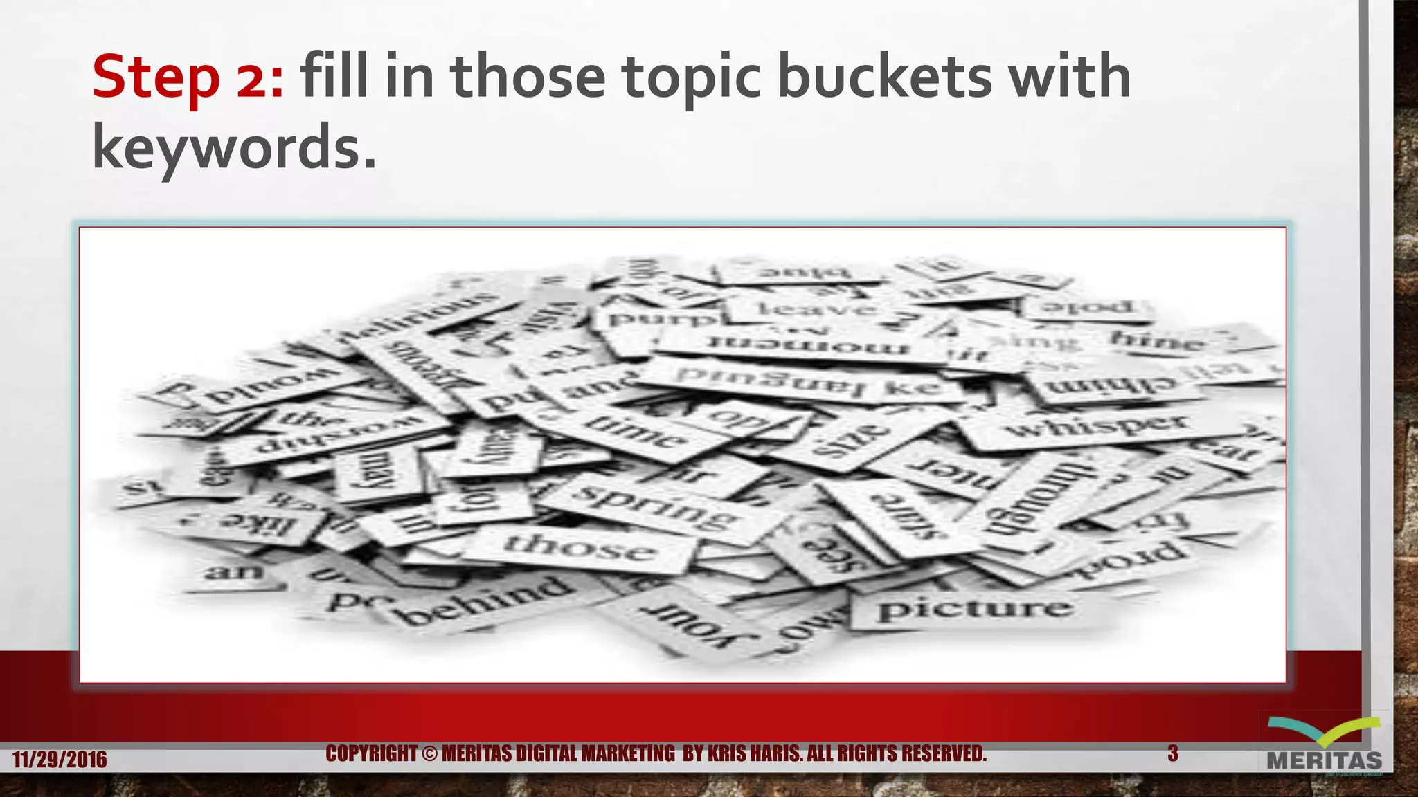 Step 2: fill in those topic buckets with
keywords.
11/29/2016 3COPYRIGHT © MERITAS DIGITAL MARKETING BY KRIS HARIS. ALL RIGHTS RESERVED.
 
