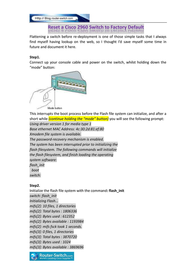 How to reset cisco 2960 to factory default PDF
