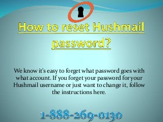 We know it's easy to forget what password goes with
what account. If you forget your password for your
Hushmail username or just want to change it, follow
the instructions here.
 
