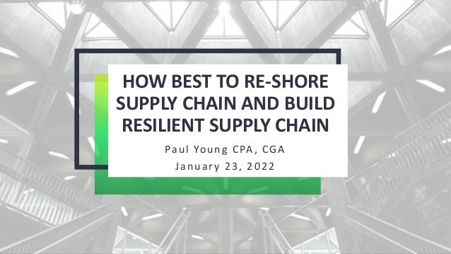 HOW BEST TO RE-SHORE
SUPPLY CHAIN AND BUILD
RESILIENT SUPPLY CHAIN
Paul Young CPA, CGA
January 23, 2022
 