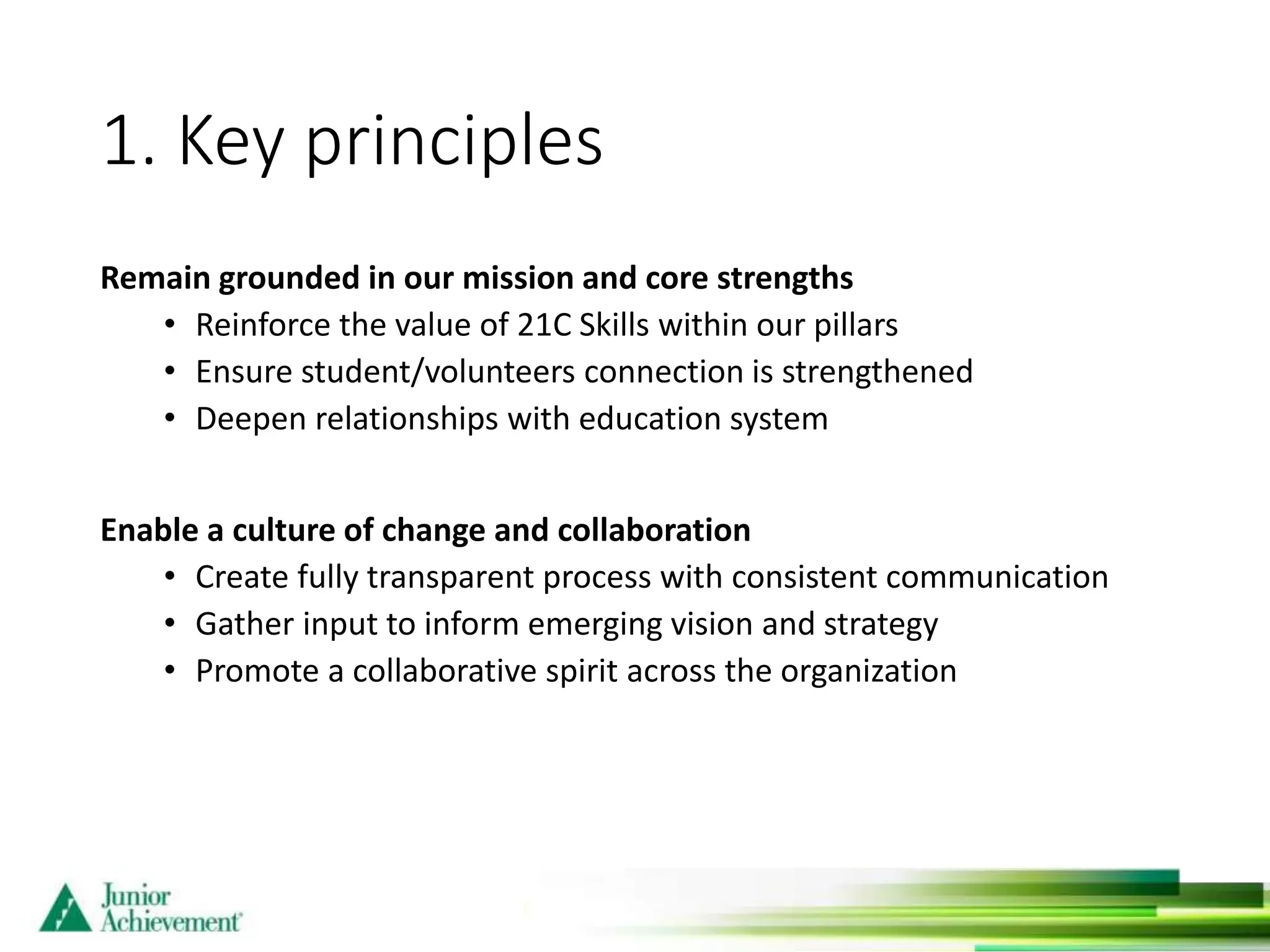 1. Key principles
Remain grounded in our mission and core strengths
• Reinforce the value of 21C Skills within our pillars
• Ensure student/volunteers connection is strengthened
• Deepen relationships with education system
Enable a culture of change and collaboration
• Create fully transparent process with consistent communication
• Gather input to inform emerging vision and strategy
• Promote a collaborative spirit across the organization