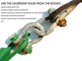 ARE THE LEADERSHIP RULES FROM THE BOOKS… DEFINE SHARED OBJECTIVES ESTABLISH SHARED VALUES AND BELIEVES PERCEIVE INDIVIDUAL...