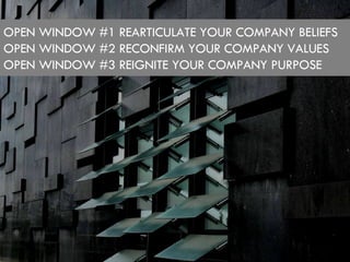 OPEN WINDOW #1 REARTICULATE YOUR COMPANY BELIEFS OPEN WINDOW #2 RECONFIRM YOUR COMPANY VALUES OPEN WINDOW #3 REIGNITE YOUR...