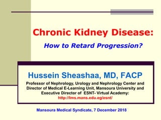 Chronic Kidney Disease:
How to Retard Progression?
Hussein Sheashaa, MD, FACP
Professor of Nephrology, Urology and Nephrology Center and
Director of Medical E-Learning Unit, Mansoura University and
Executive Director of ESNT- Virtual Academy:
http://lms.mans.edu.eg/esnt/
Mansoura Medical Syndicate, 7 December 2018
 