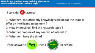 1- Whether I'm sufficiently knowledgeable about the topic to
offer an intelligent assessment ?
I consider factors:
2- How interesting I find the research topic ?
3- Whether I’m free of any conflict of interest ?
4- Whether I have the time?
What do you consider when deciding whether to
accept an invitation to review a paper? dhasanin@ksu.edu.sa 0580066073
If the answer is , then I to review.
 