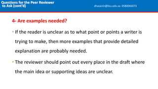 4- Are examples needed?
• If the reader is unclear as to what point or points a writer is
trying to make, then more examples that provide detailed
explanation are probably needed.
• The reviewer should point out every place in the draft where
the main idea or supporting ideas are unclear.
Questions for the Peer Reviewer
to Ask (cont’d) dhasanin@ksu.edu.sa 0580066073
 