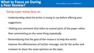 During a peer review, focus on:
• Understanding what the writer is trying to say before offering your
suggestions.
• Making one comment that refers to several parts of the paper rather
than commenting on the same thing repeatedly.
• Remembering that the goal of the review is to help the writer
improve the effectiveness of his/her message, not for the writer and
reviewer to share the same opinions on the topic.
What to Focus on During
a Peer Review?
dhasanin@ksu.edu.sa 0580066073
 
