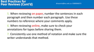 5. When reviewing on paper, number the sentences in each
paragraph and then number each paragraph. Use these
numbers to reference where your comments apply.
6. When reviewing online, make sure to check your
annotations for typos before sharing them.
7. Consistently use one method of notation and make sure the
writer understands that method.
Best Practices for
Peer Reviews (Cont’d) dhasanin@ksu.edu.sa 0580066073
 