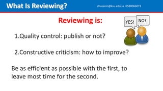 Reviewing is:
What Is Reviewing? dhasanin@ksu.edu.sa 0580066073
1.Quality control: publish or not?
2.Constructive criticism: how to improve?
Be as efficient as possible with the first, to
leave most time for the second.
 