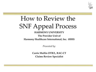 How to Review the
SNF Appeal Process
HARMONY UNIVERSITY
The Provider Unit of
Harmony Healthcare International, Inc. (HHI)
Presented by:
Carrie Mullin OTR/L, RAC-CT
Claims Review Specialist
 
