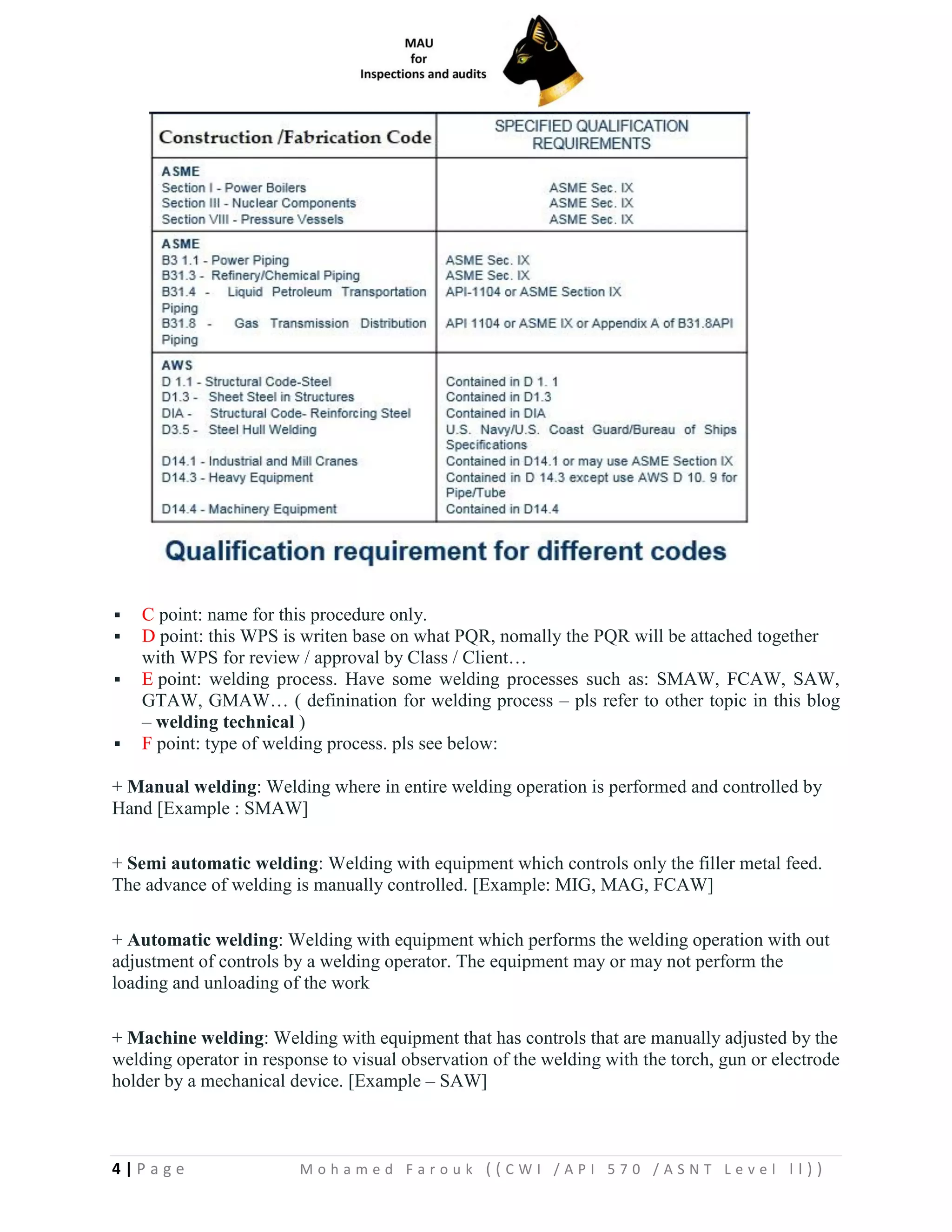 4 | P a g e M o h a m e d F a r o u k ( ( C W I / A P I 5 7 0 / A S N T L e v e l I I ) )
▪ C point: name for this procedure only.
▪ D point: this WPS is writen base on what PQR, nomally the PQR will be attached together
with WPS for review / approval by Class / Client…
▪ E point: welding process. Have some welding processes such as: SMAW, FCAW, SAW,
GTAW, GMAW… ( definination for welding process – pls refer to other topic in this blog
– welding technical )
▪ F point: type of welding process. pls see below:
+ Manual welding: Welding where in entire welding operation is performed and controlled by
Hand [Example : SMAW]
+ Semi automatic welding: Welding with equipment which controls only the filler metal feed.
The advance of welding is manually controlled. [Example: MIG, MAG, FCAW]
+ Automatic welding: Welding with equipment which performs the welding operation with out
adjustment of controls by a welding operator. The equipment may or may not perform the
loading and unloading of the work
+ Machine welding: Welding with equipment that has controls that are manually adjusted by the
welding operator in response to visual observation of the welding with the torch, gun or electrode
holder by a mechanical device. [Example – SAW]
 