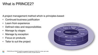 What is PRINCE2?
A project management method which is principles-based:
• Continued business justification
• Learn from experience
• Defined roles and responsibilities
• Manage by stages
• Manage by exception
• Focus on products
• Tailor to suit the project
PRINCE2® and PRINCE2 Agile® are registered trademarks of AXELOS Limited, used under
permission of AXELOS Limited. All rights reserved.
 