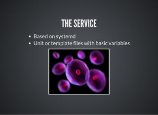 THE SERVICE
Based on systemd
Unit or template files with basic variables
 