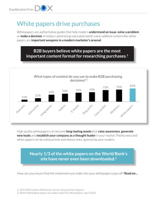 A publication from
White papers drive purchases
Whitepapers are authoritative guides that help readers understand an issue, solve a problem
or make a decision. In today’s advertising-saturated world, value-additive content like white
papers are important weapons in a modern marketer’s arsenal.
B2B buyers believe white papers are the most
important content format for researching purchases.1
Nearly 1/3 of the white papers on the World Bank’s
site have never even been downloaded.2
How can you ensure that the investment you make into your whitepapers pays off? Read on…
High quality whitepapers can become long-lasting assets that raise awareness, generate
new leads and establish your company as a thought leader in your market. Poorly executed
white papers can be colossal time and money sinks, ignored by your readers.
White papers drive
purchases

High quality whitepapers can become long-
lasting assets that raise awareness, generate
new leads and establish your company as a
thought leader in your market. But poorly
executed white papers can be colossal time
and money sinks, ignored by your readers.

Nearly 1/3 of the white papers on the
World Bank’s site have never even
been downloaded.2

How can you ensure that the investment you
make into your whitepapers pays off? Read
on…
1.  2013 B2B Content Preferences Survey, Demand Gen Report.
2.  Which World Bank reports are widely read?, The World Bank. April 2014.
1. 2013 B2B Content Preferences Survey, Demand Gen Report.
2. Which World Bank reports are widely read?,The World Bank. April 2014.
1
 