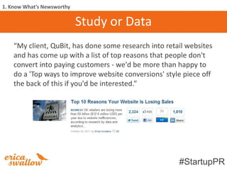 1. Know What’s Newsworthy

                            Study or Data
    “My client, QuBit, has done some research into retail websites
    and has come up with a list of top reasons that people don't
    convert into paying customers - we'd be more than happy to
    do a 'Top ways to improve website conversions' style piece off
    the back of this if you'd be interested.”




                                                       #StartupPR
 
