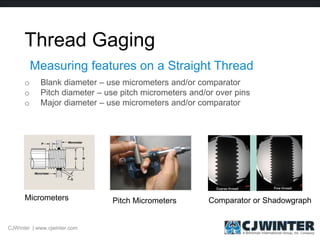 Thread Gaging
o Blank diameter – use micrometers and/or comparator
o Pitch diameter – use pitch micrometers and/or over pins
o Major diameter – use micrometers and/or comparator
Measuring features on a Straight Thread
Micrometers Pitch Micrometers Comparator or Shadowgraph
CJWinter | www.cjwinter.com
 
