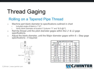 Thread Gaging
o Machine part blank diameter to specifications outlined in chart
o Included angle of blank is 1°47’.
o Verify blank diameter at location Y [column “Y” and “B.D.@Y”]
o Roll the thread until the pitch diameter gages within the L1 & L2 gage
specifications.
o Adjust the blank diameter, until the Major diameter gages within 6 – Step gage
specifications - if required
Rolling on a Tapered Pipe Thread
CJWinter | www.cjwinter.com
 